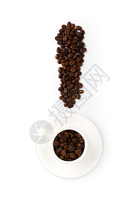 白背景上有咖啡杯和咖啡豆组成的感叹号图片