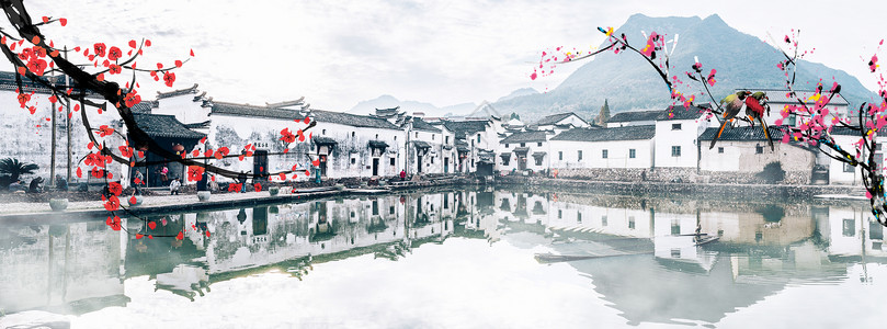 古镇下雪中国风春天水墨桃花江南水榭楼台设计图片