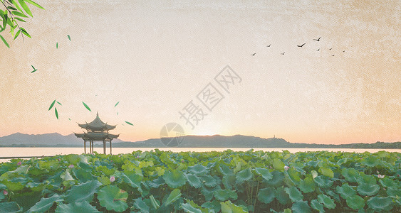 无望无际中国风山水亭子背景设计图片