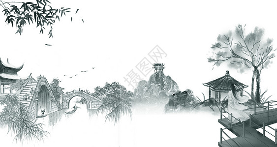 广西村庄水墨古桥背景设计图片