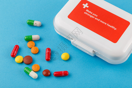 药盒设计各种颜色彩色的药片和胶囊背景