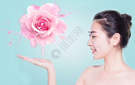 牛奶玫瑰美女补水护肤的美容背景设计图片