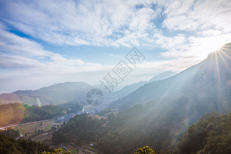 水墨房屋大气山脉田园乡村风光背景