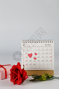 情人节日历爱心玫瑰礼物盒在白色背景上背景图片