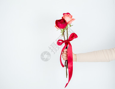 创意红色花朵手拿玫瑰情人节爱情背景