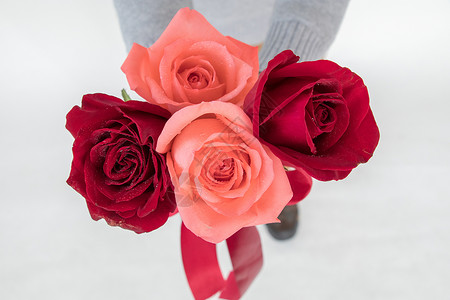 情侣的手粉色情人节送一束玫瑰花背景