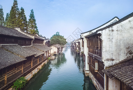 古风青砖建筑清晨的江南水乡--乌镇！背景