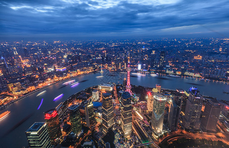 城市俯拍上海陆家嘴金融外滩夜景背景