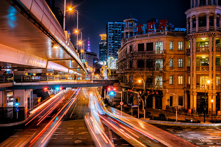 上海城市夜景车流背景图片