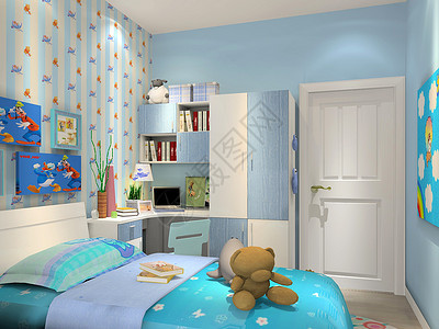 卡通蓝蓝色系儿童房效果图背景