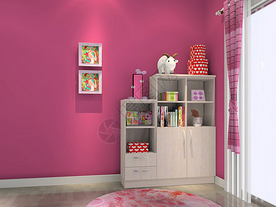 3d房子素材粉嫩色的儿童房效果图背景