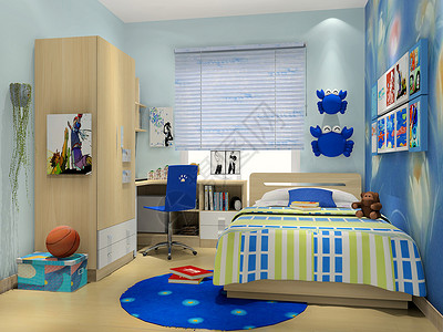 卡通蓝蓝色系儿童房效果图背景