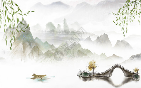 水墨柳树中国风水墨清明背景设计图片