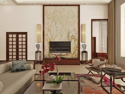 新中式客厅效果图背景