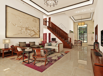 素材3d图纸新中式客厅效果图背景