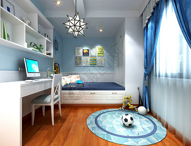 蓝色系花纹地中海卧室效果图背景