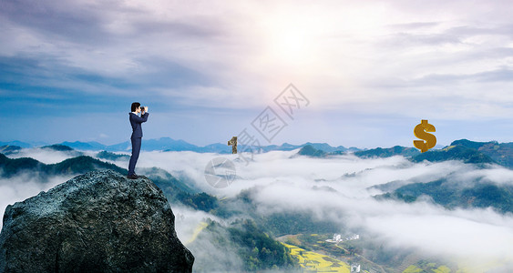 远处的风景男子望向远处山顶的金钱设计图片