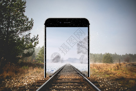 扁平铁路铁轨超现实铁路穿越手机屏幕设计图片