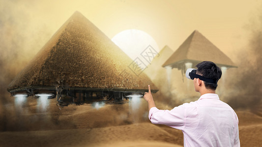 男人VR操控金字塔飞来背景图片