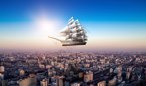 城市童话素材飞行在城市上空的船设计图片