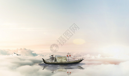 云山雾绕的仙境梦飞船在天空中飞行设计图片