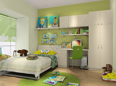 白色系儿童房绿色系主卧室效果图背景