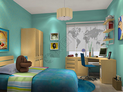 蓝色系卧室地中海风格卧室效果图背景