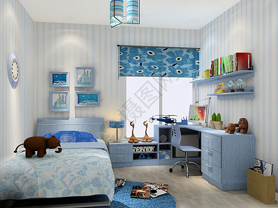 蓝色系素材地中海风格卧室效果图背景