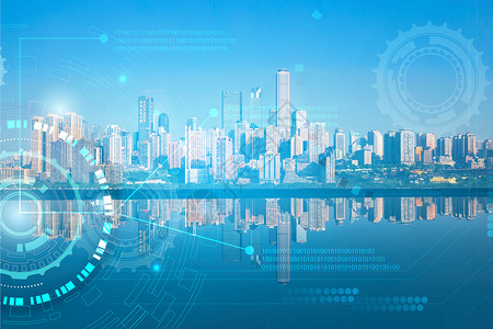 黄昏下星光湖城市科技蓝色背景设计图片