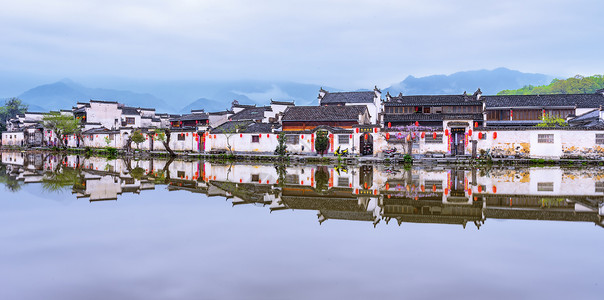 黄山风光徽派古建筑背景