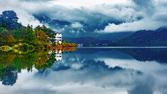 黟县水库湖泊湿地晨雾背景