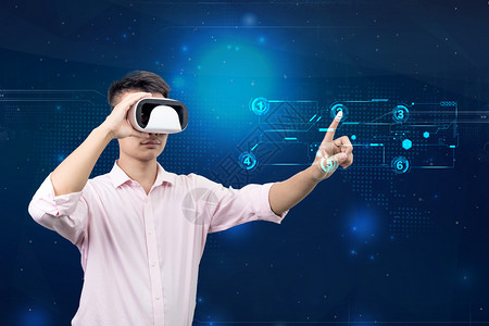 粉色衬衣男人戴着VR眼镜模拟操作设计图片