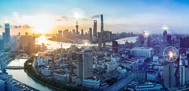 3代城市科技上海黄浦江外滩陆家嘴日出全景设计图片