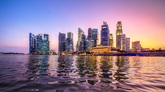 色彩城市新加坡繁华的金融摩天楼群背景