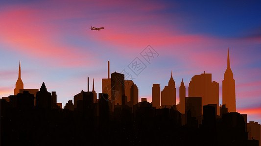 飞机意境素材城市剪影背景