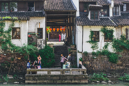 古风河边素材杭州小河直街河边背景