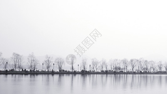 杨柳飘飘杭州黑白水墨西湖背景