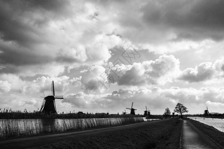 黑白风光荷兰风车剪影高清图片