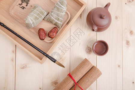 清新文艺端午茶艺与粽子桌面背景图片