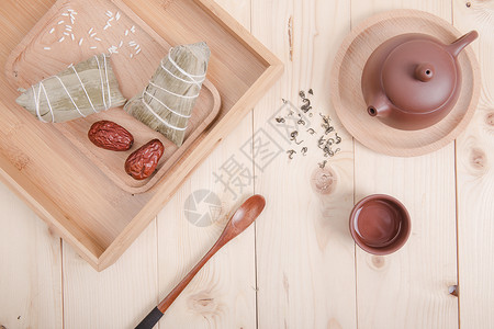 木质文艺的底纹清新文艺端午茶艺与粽子桌面背景