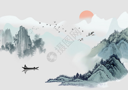 高山花海中国水墨风山水画设计图片