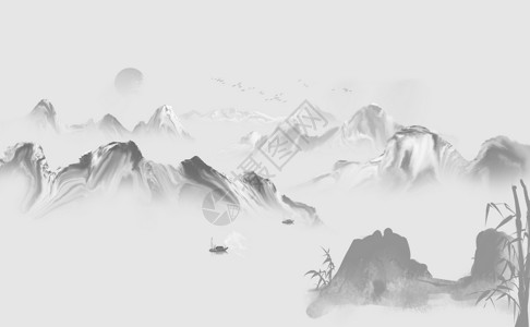 黄土高坡地形风景中国水墨风山水画设计图片