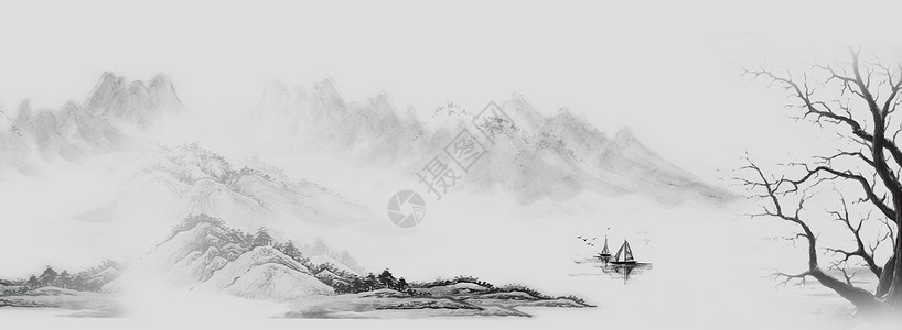 山与水水墨banner背景设计图片