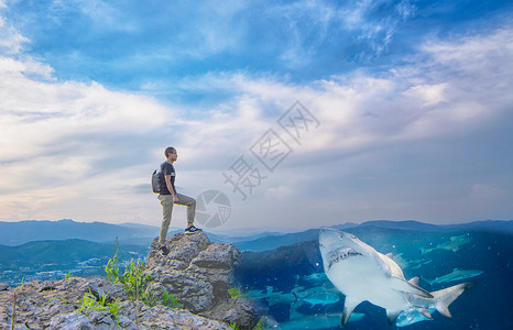 白鲨行走在大海戈壁间的男人设计图片