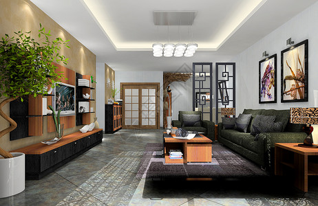 3D装修效果图新中式客厅装修效果图背景