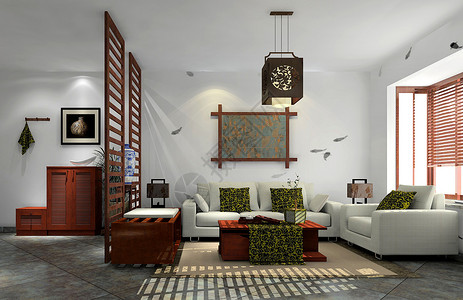 3d家具素材新中式客厅装修效果图背景