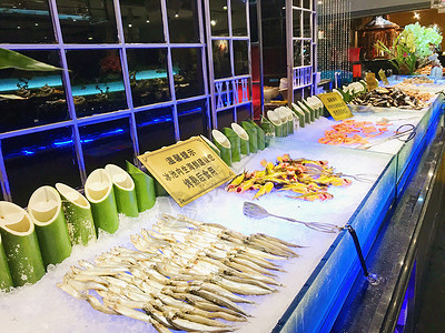 上海古玩市场自助餐的生鲜区背景