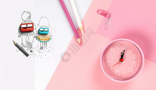 粉红色钟表纸上的铅笔人物设计图片