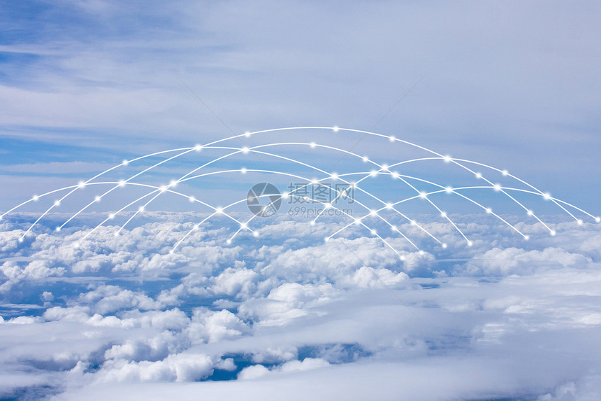 蓝天白云下的科技云彩线条图片
