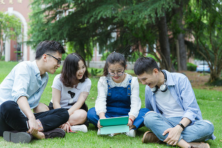 学生聊天男女大学生们坐草地上聊天休息背景